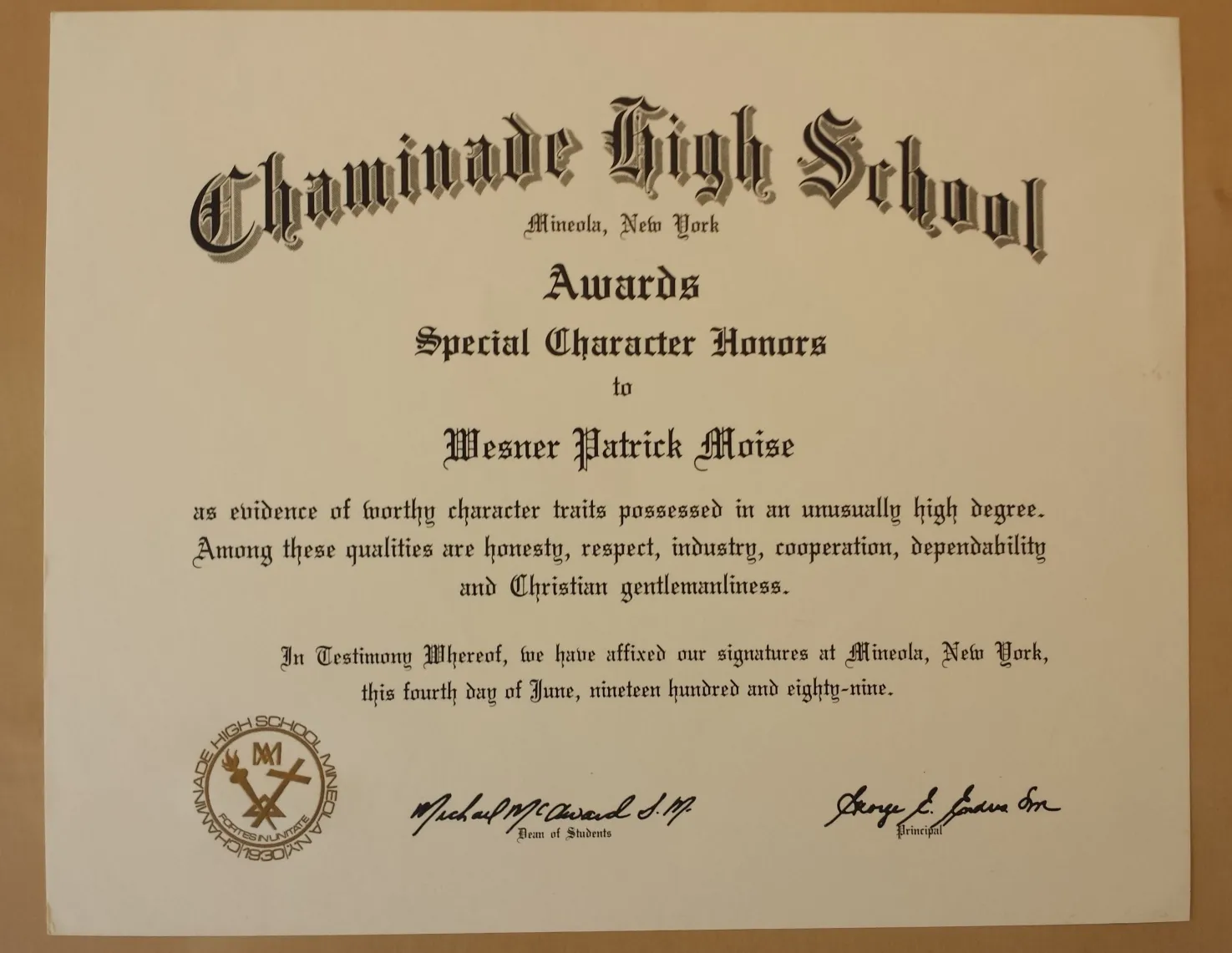 Special Character Honor Plaque